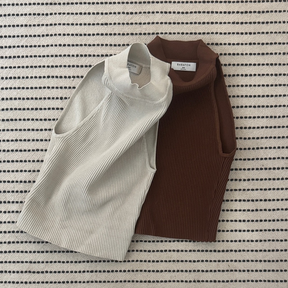 2 x Babaton Ribbed Tops in Cream and Brown